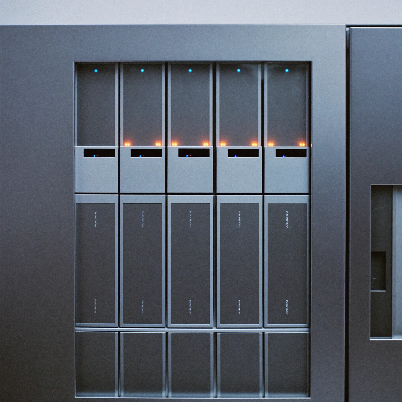 The same GPU server rack running, blue status LEDs lit