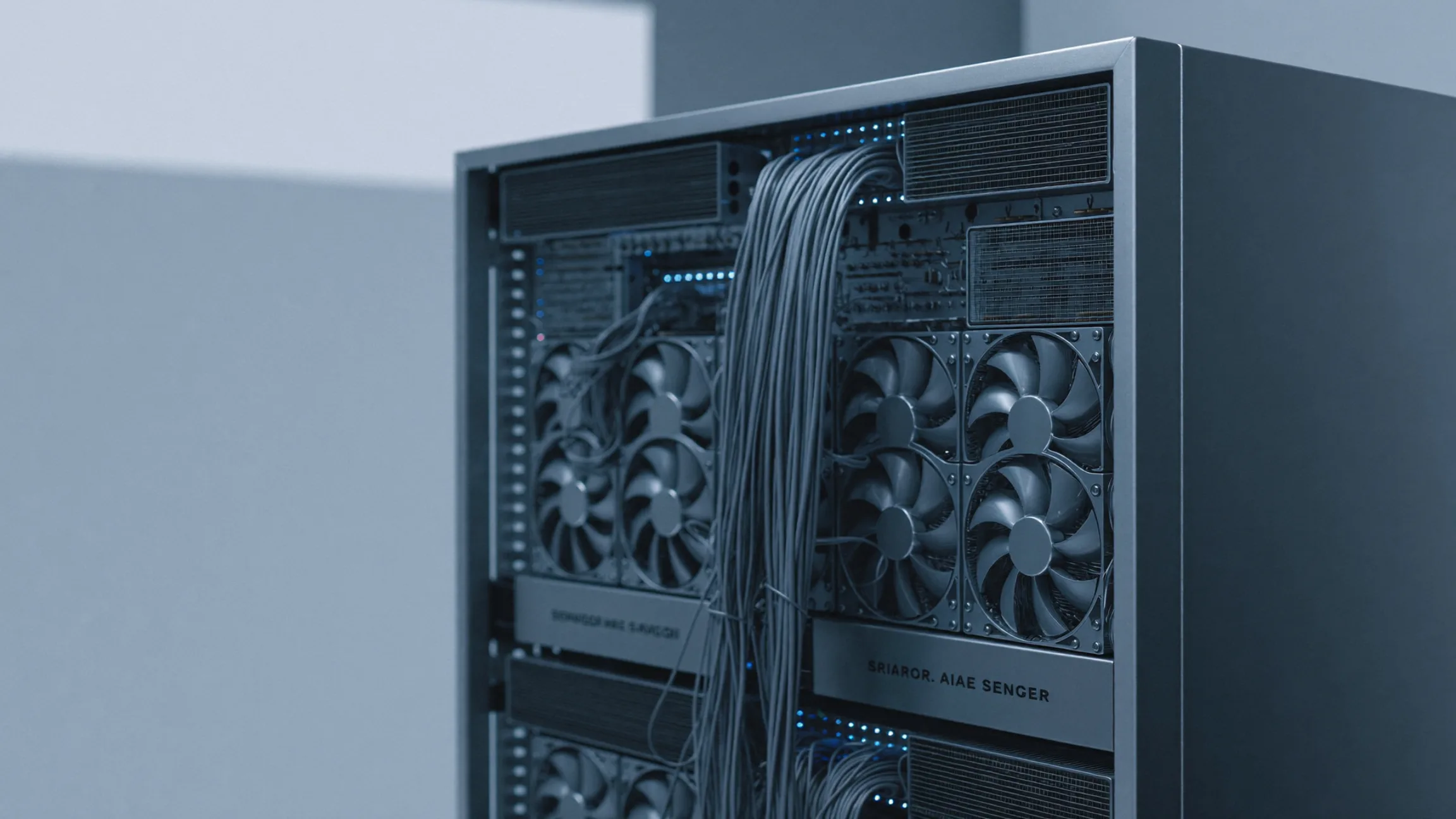 A rack of GPU servers in a dim data hall