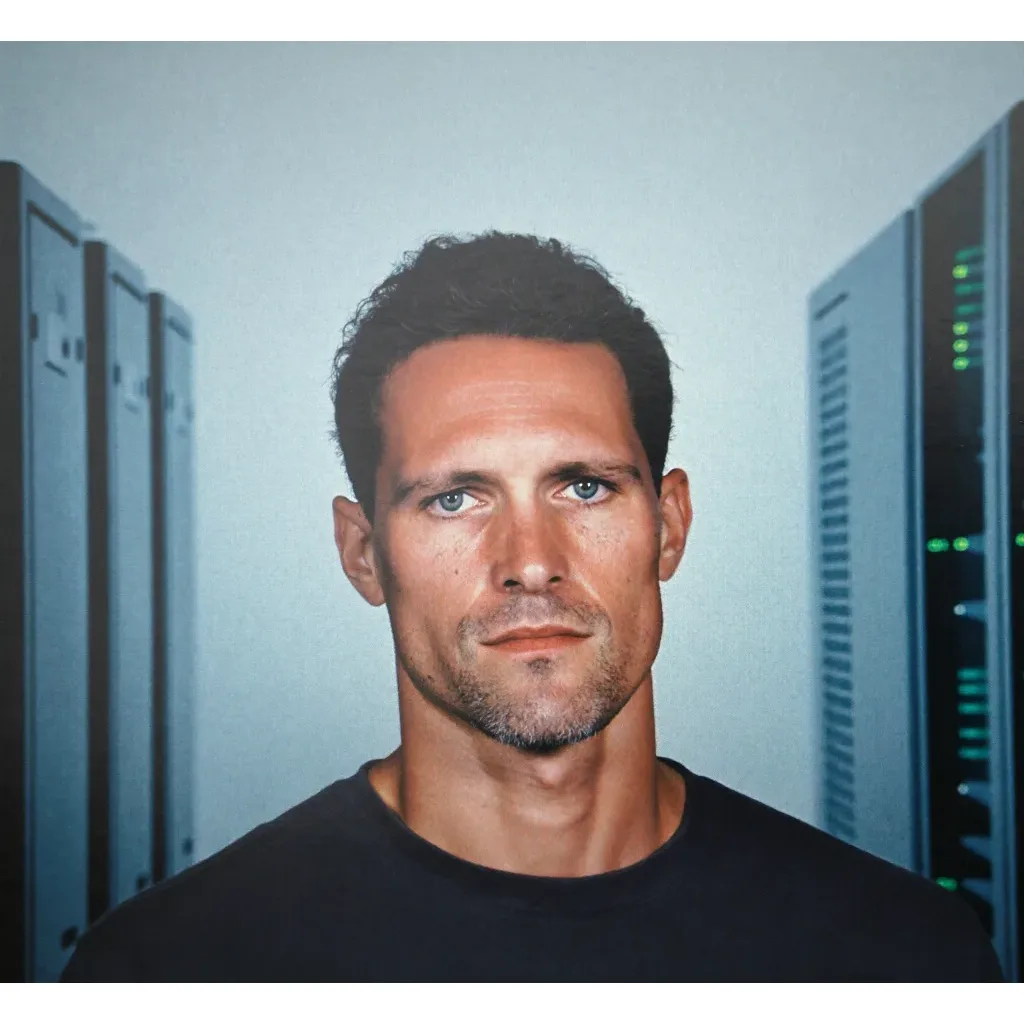 Tomas Reinholt in a data hall corridor